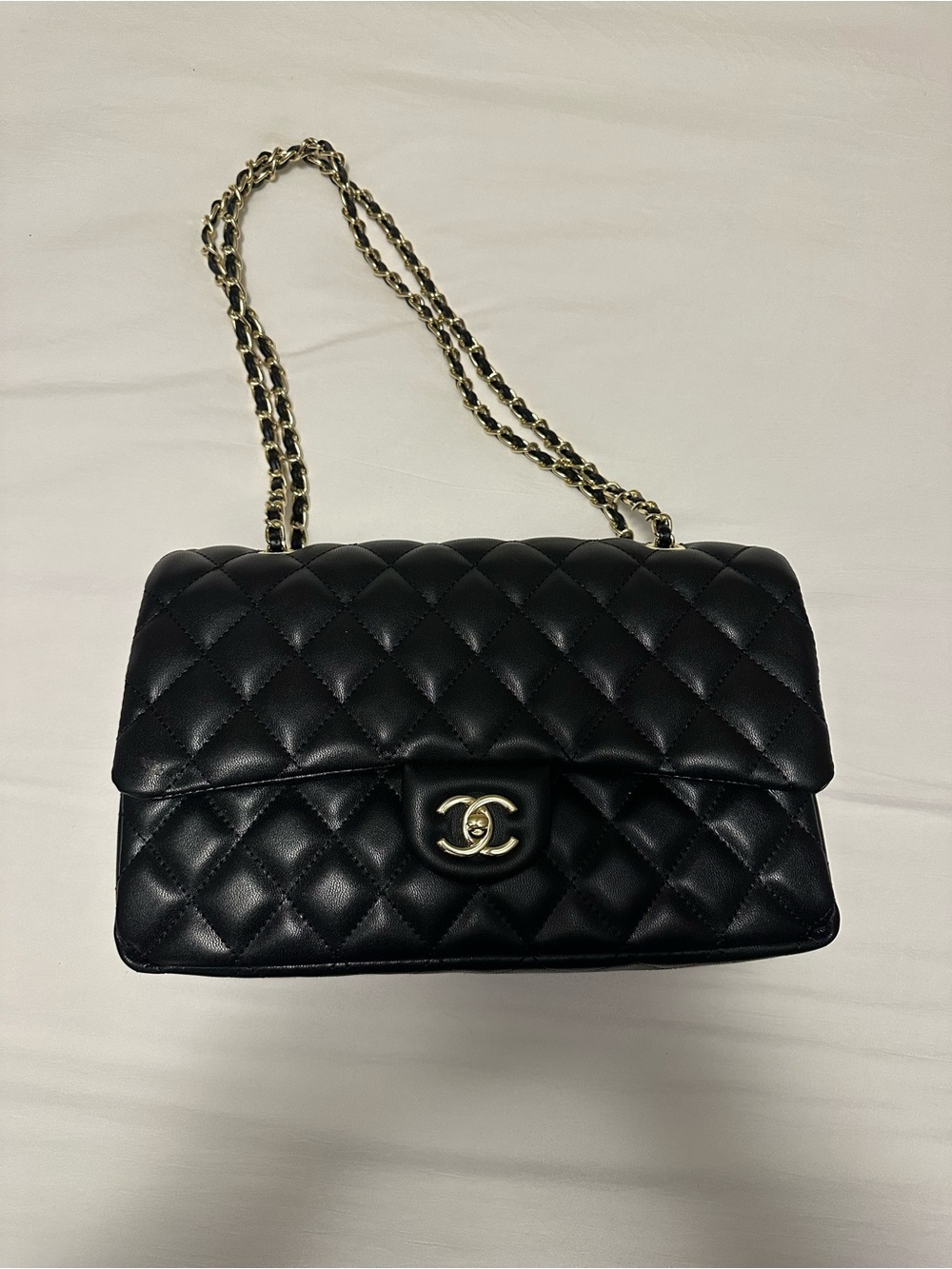 Black Quilted Leather Shoulder Bag with Chain Strap